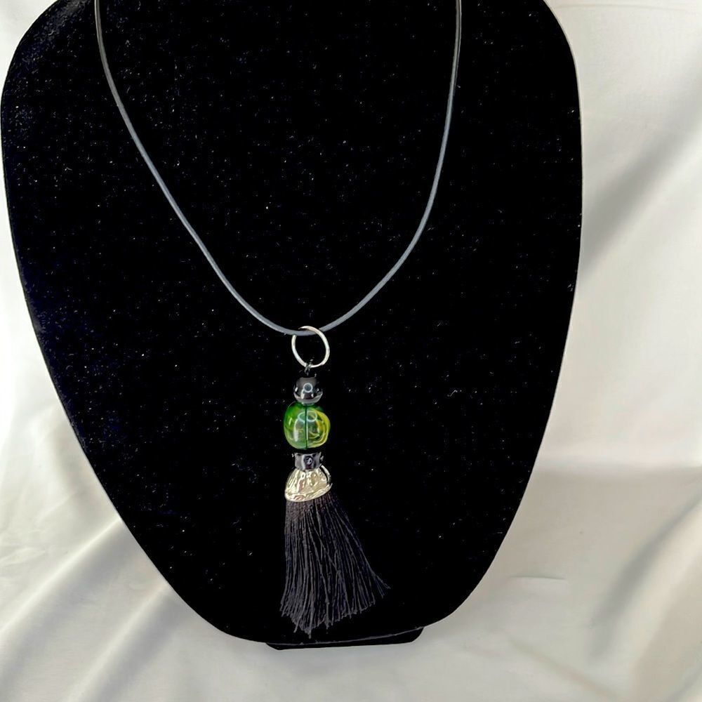 18 in. Black Cord Necklace with 5” Silver Tone Pendant with Beaded…